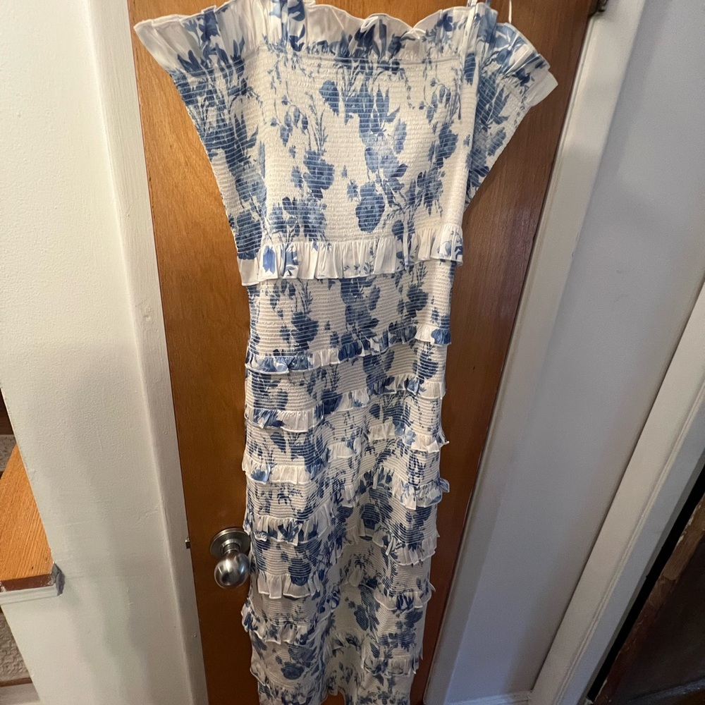 V Chapman Blue and White Floral Ruffle Dress